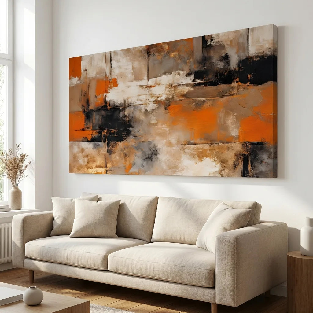 tableau mural abstrait orange beige noir salon