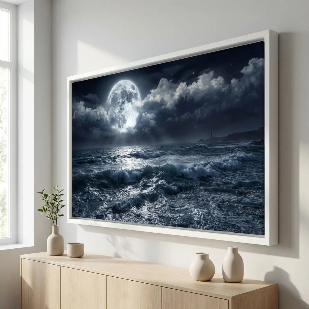 tableau paysage océan nocturne avec vagues et lune