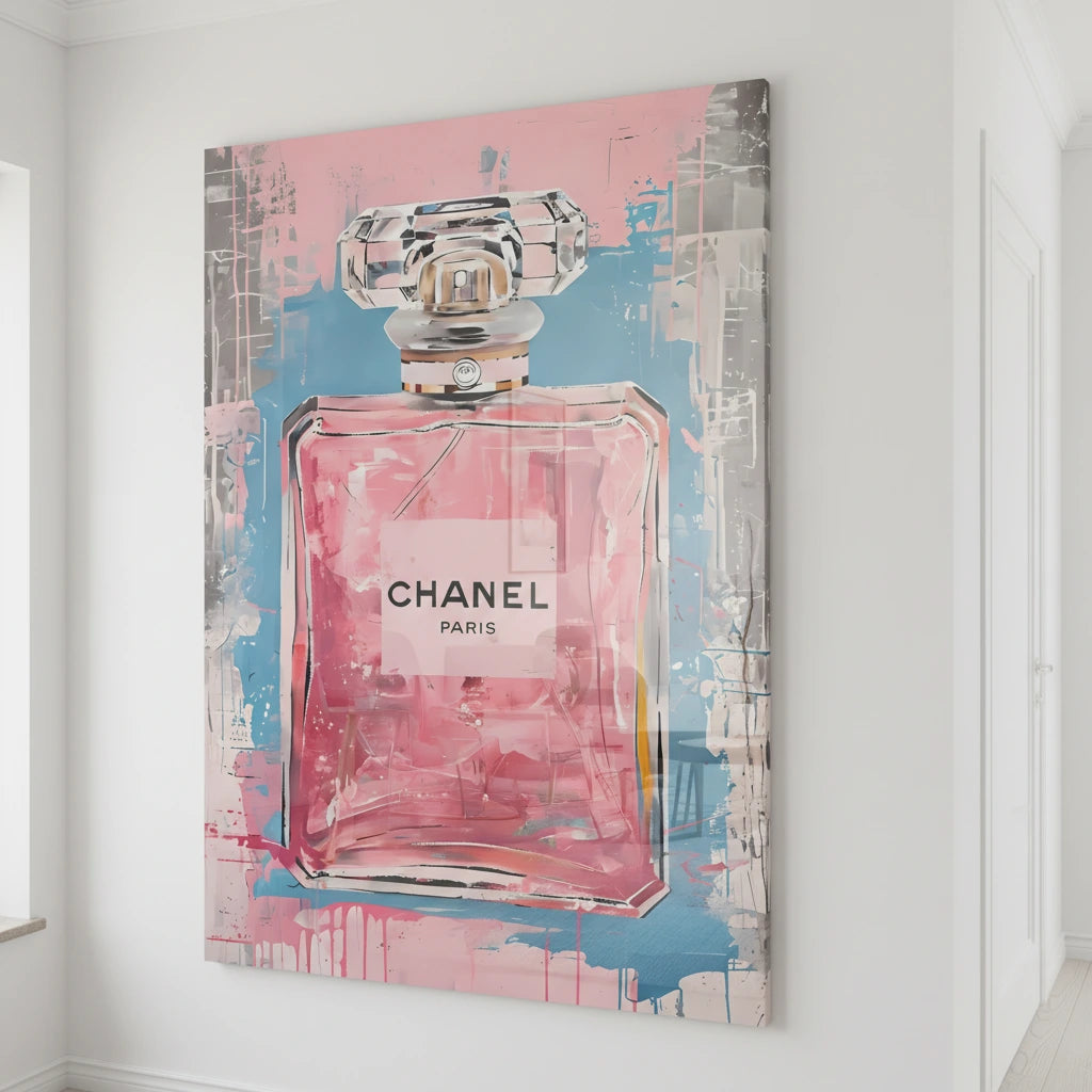 tableau plexiglas brillant flacon parfum bleu et rose