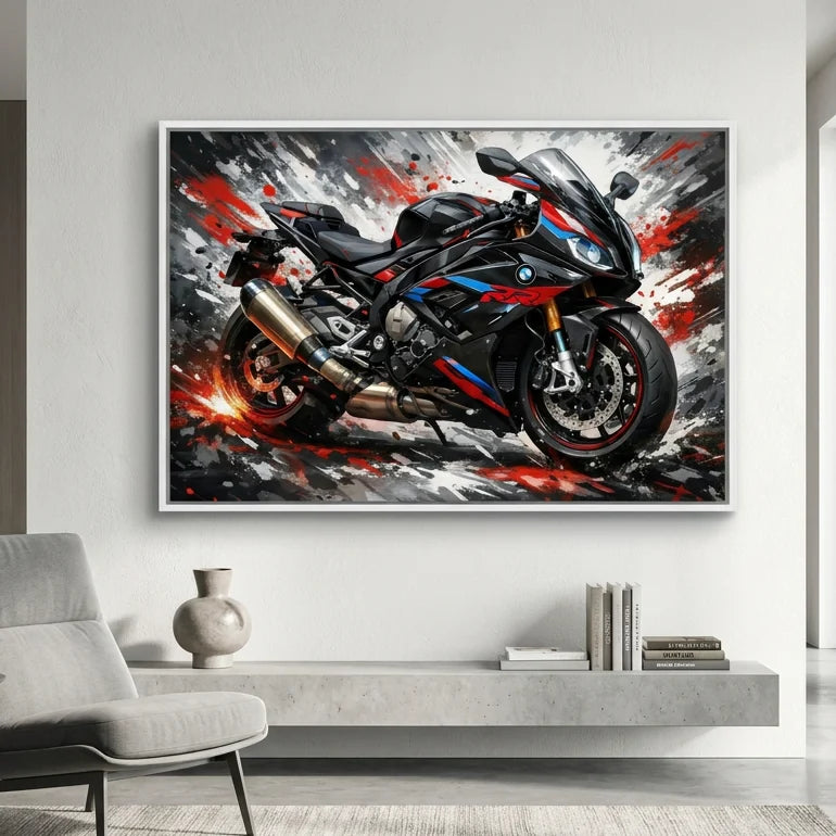 Œuvre moto BMW sportive dans un cadre flottant blanc au style contemporain élégant.