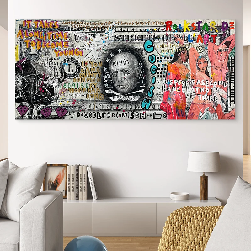 Œuvre murale provocante mélangeant art, argent et citations visuelles