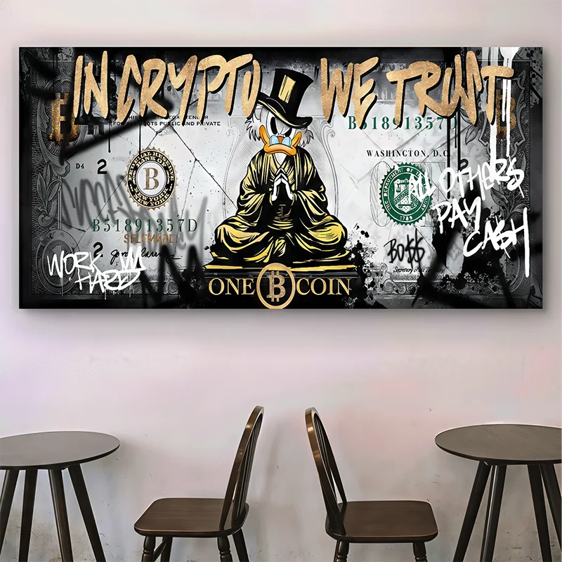 Œuvre pop art crypto-monnaie avec personnage méditant et fond billet de banque