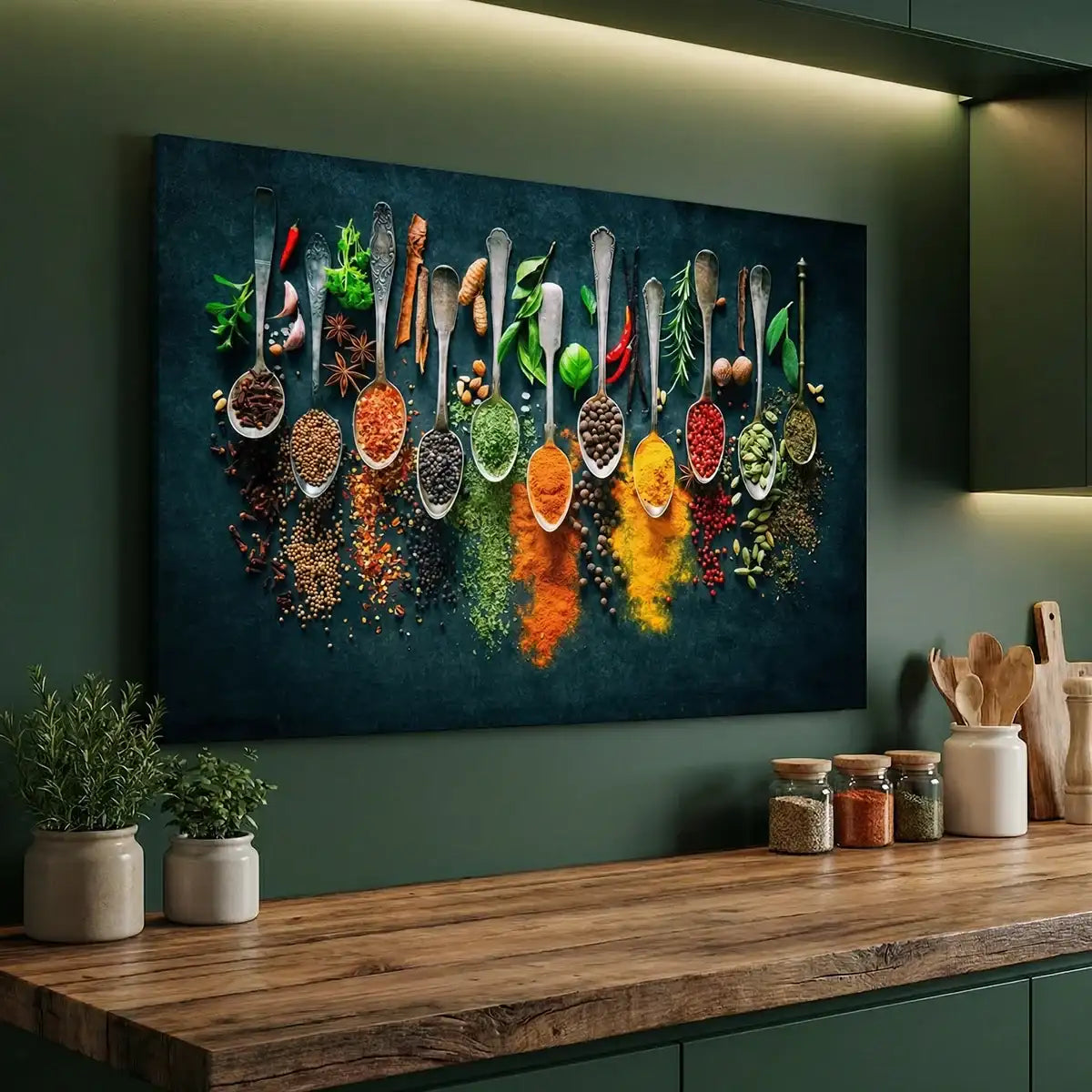 Un vibrant tirage rectangulaire sur toile présentant une collection d'épices et d'herbes colorées disposées artistiquement sur des cuillères ornées, sur un fond sombre.