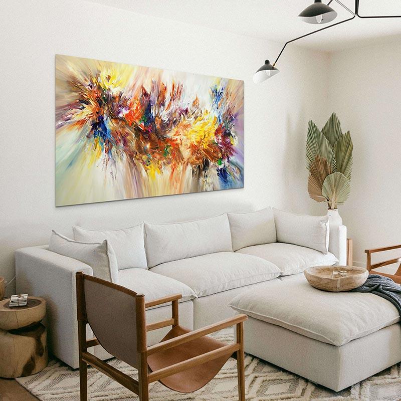 Art abstrait mural – éclats jaune rouge bleu sur fond clair