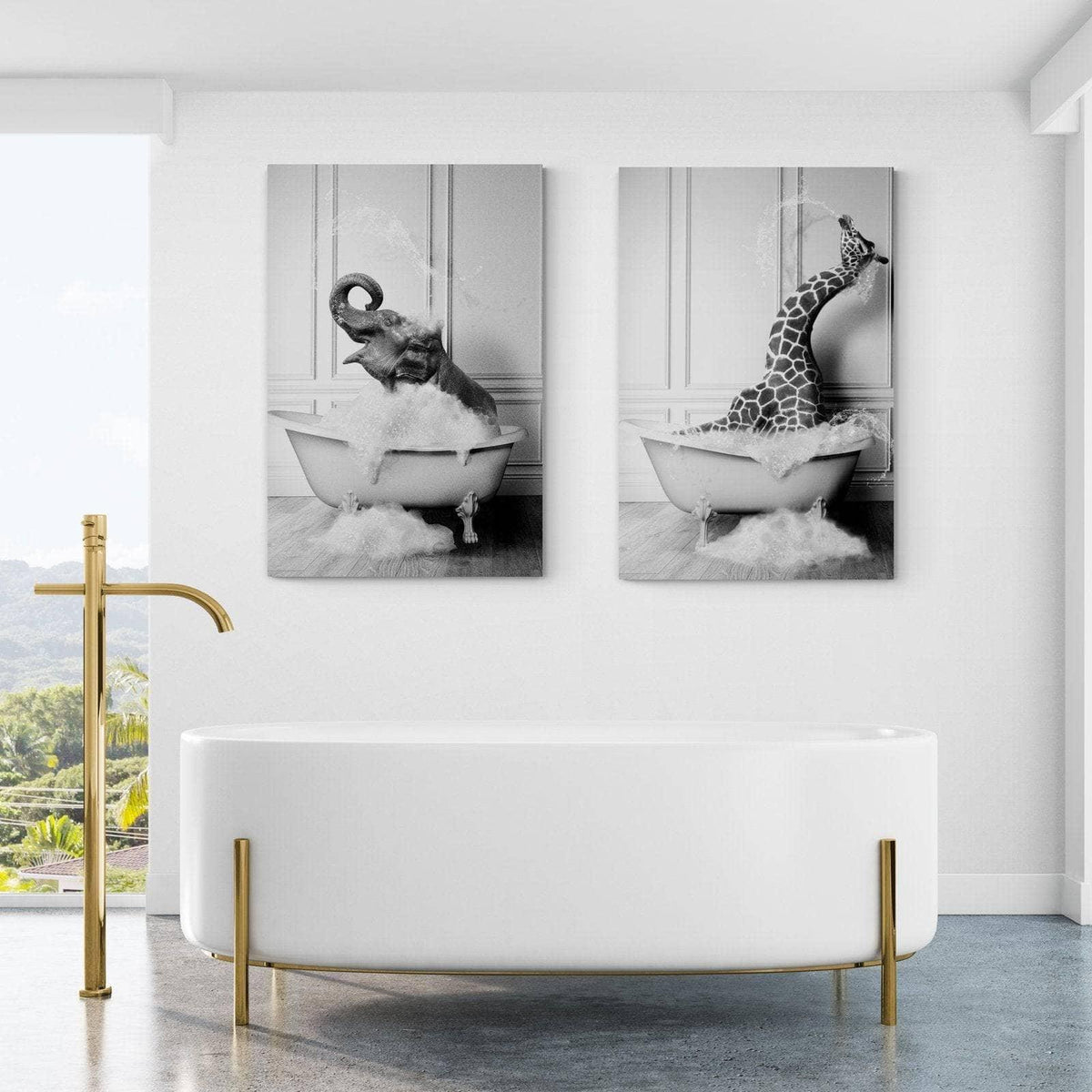 JNAOZI Tableau mural amusant pour salle de bain Motif animal de salle de  bain Motif pingouins girafe éléphant dans la baignoire Sans cadre (styles