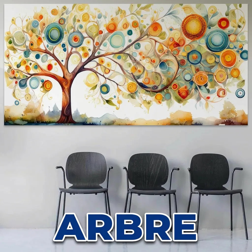 Tableau Arbre décoration murale colorée avec branches et cercles multicolores au-dessus de chaises noires.