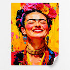 Affiche Frida Kahlo colorée avec couronne de fleurs et fond éclatant