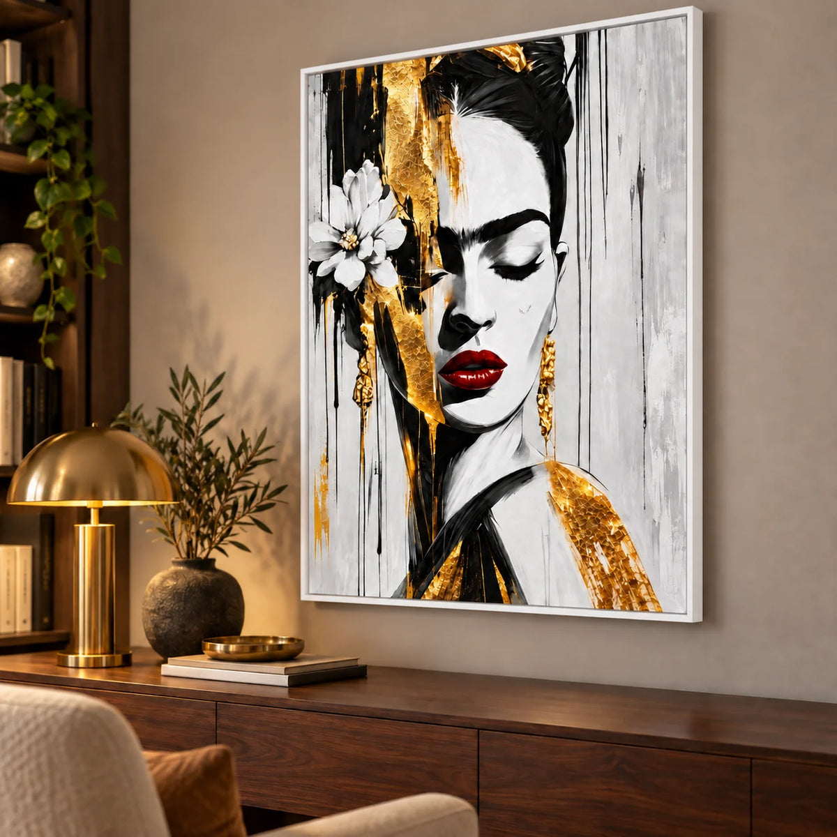 Affiche portrait de Frida Kahlo avec lèvres rouges et fond doré, présentée sans cadre