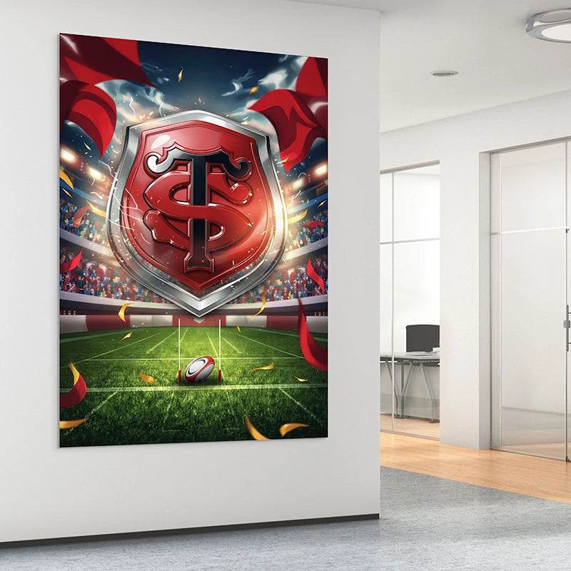 Affiche supporter rouge et noir, écusson et tribunes en fête