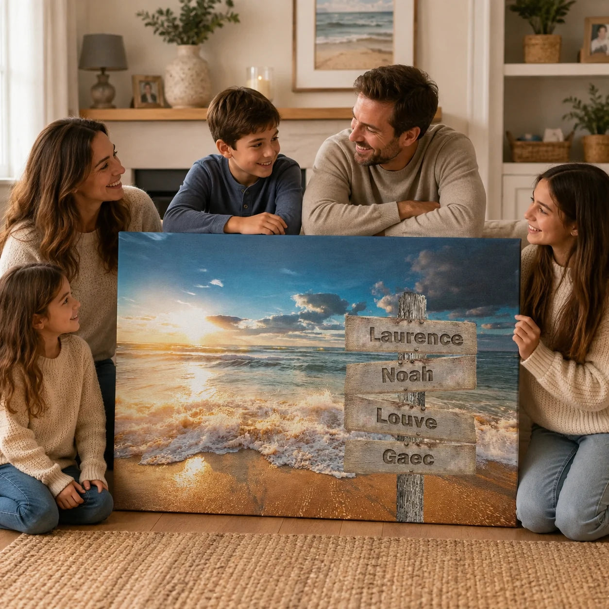 Cadeau personnalisé avec prénoms de famille et coucher de soleil
