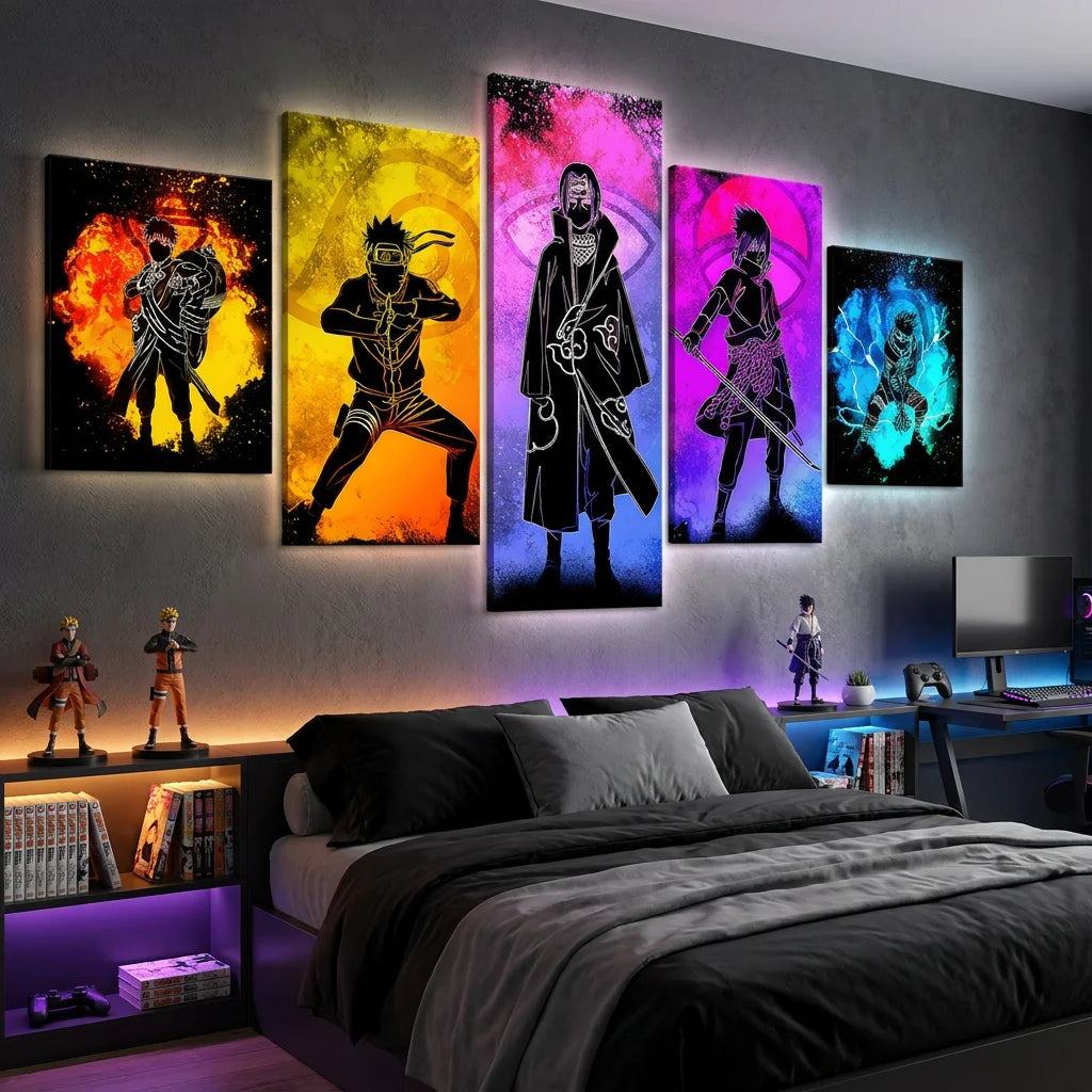 Décoration murale Naruto avec couleurs jaune rose bleu et orange