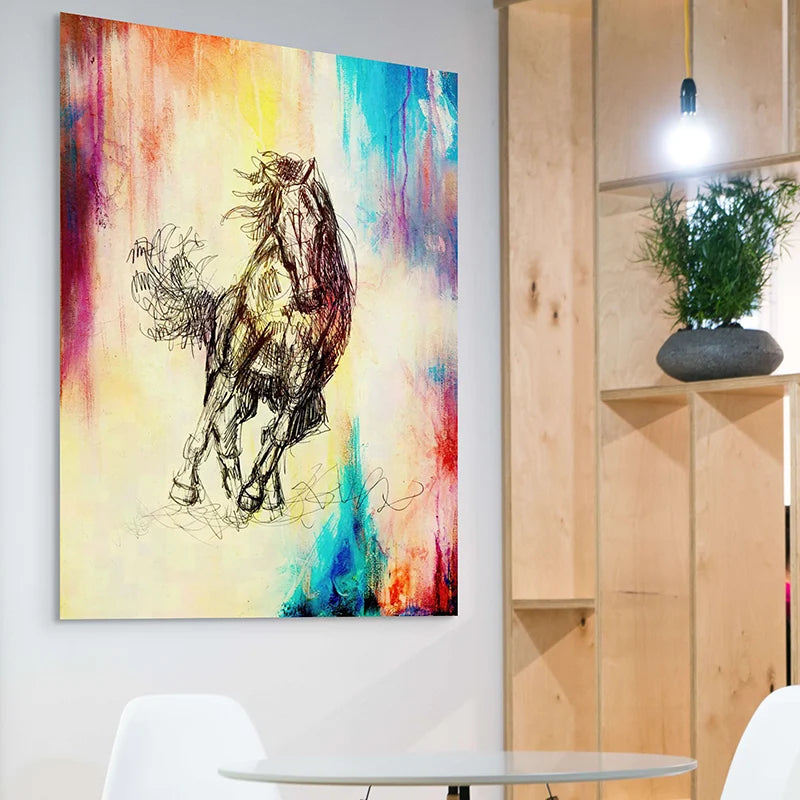 Décoration murale cheval croquis noir et fond abstrait coloré