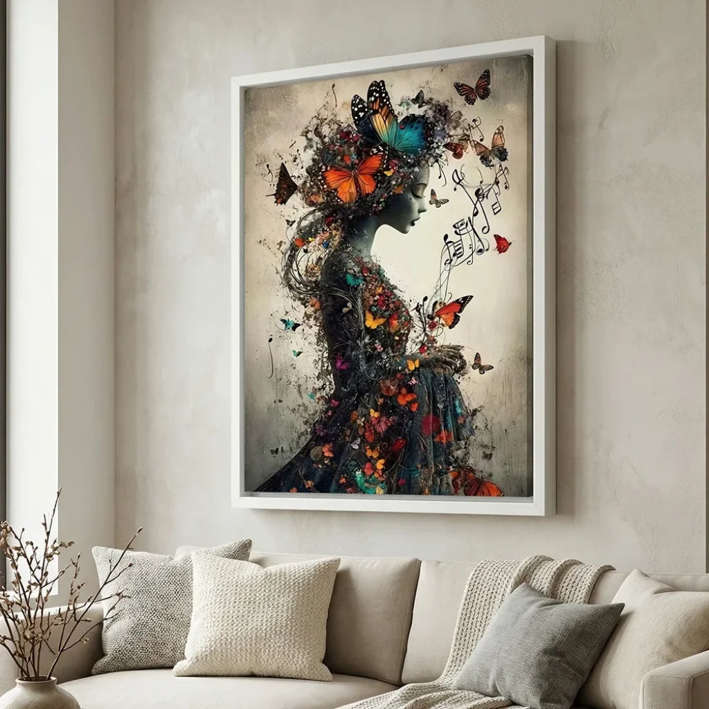 Décoration murale femme silhouette artistique, envol de papillons orange et bleu, partitions musicales