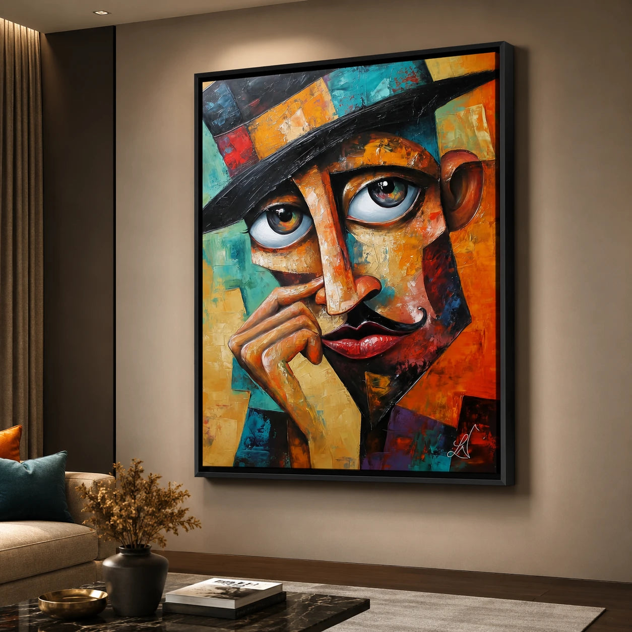 Décoration murale homme au chapeau noir dans un intérieur beige et bois