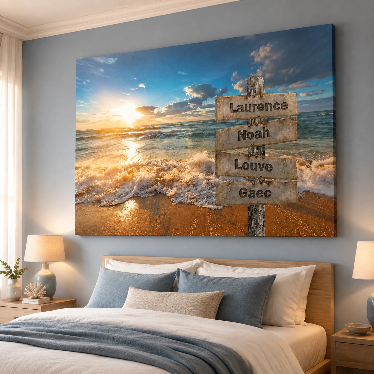 Décoration murale personnalisée avec prénoms sur panneaux en bois