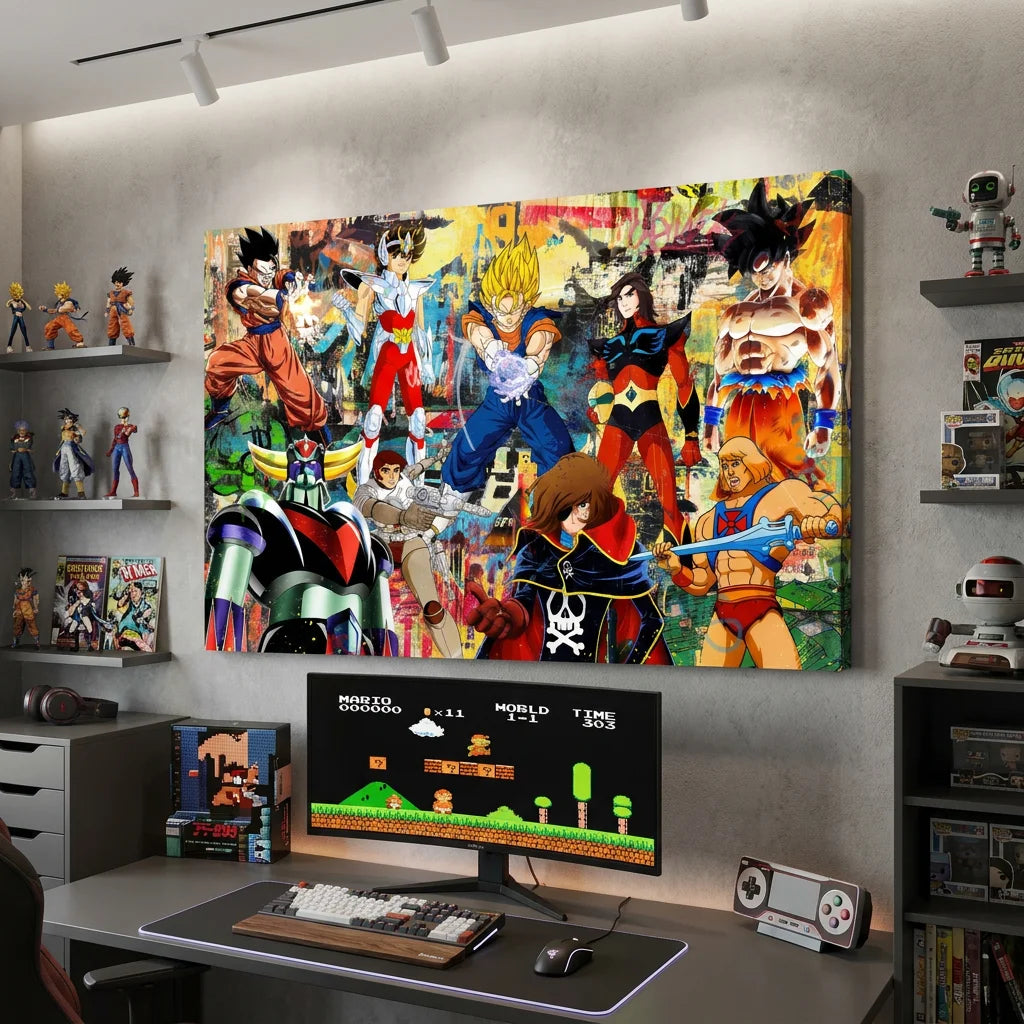 Décoration murale pop culture avec super héros et mangas rétro