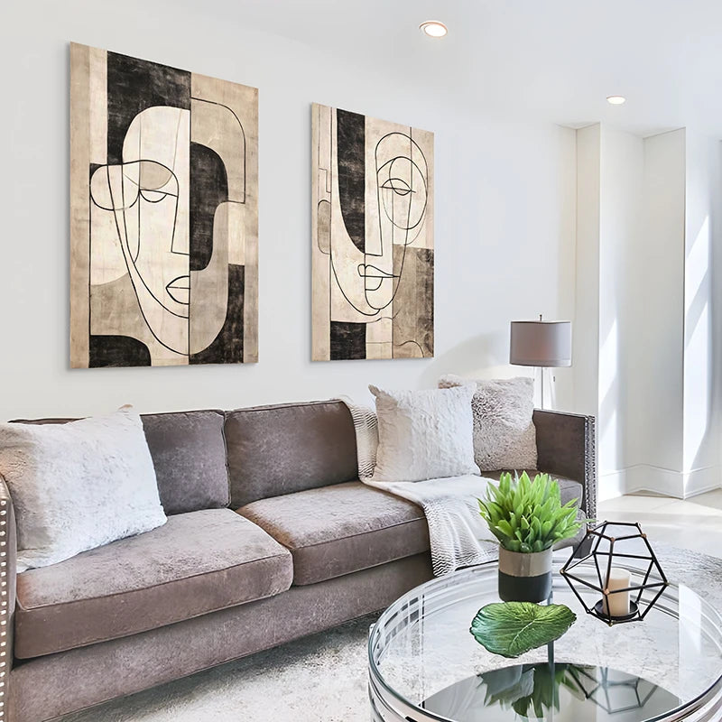 Duo de tableaux line art visage abstrait pour salon moderne