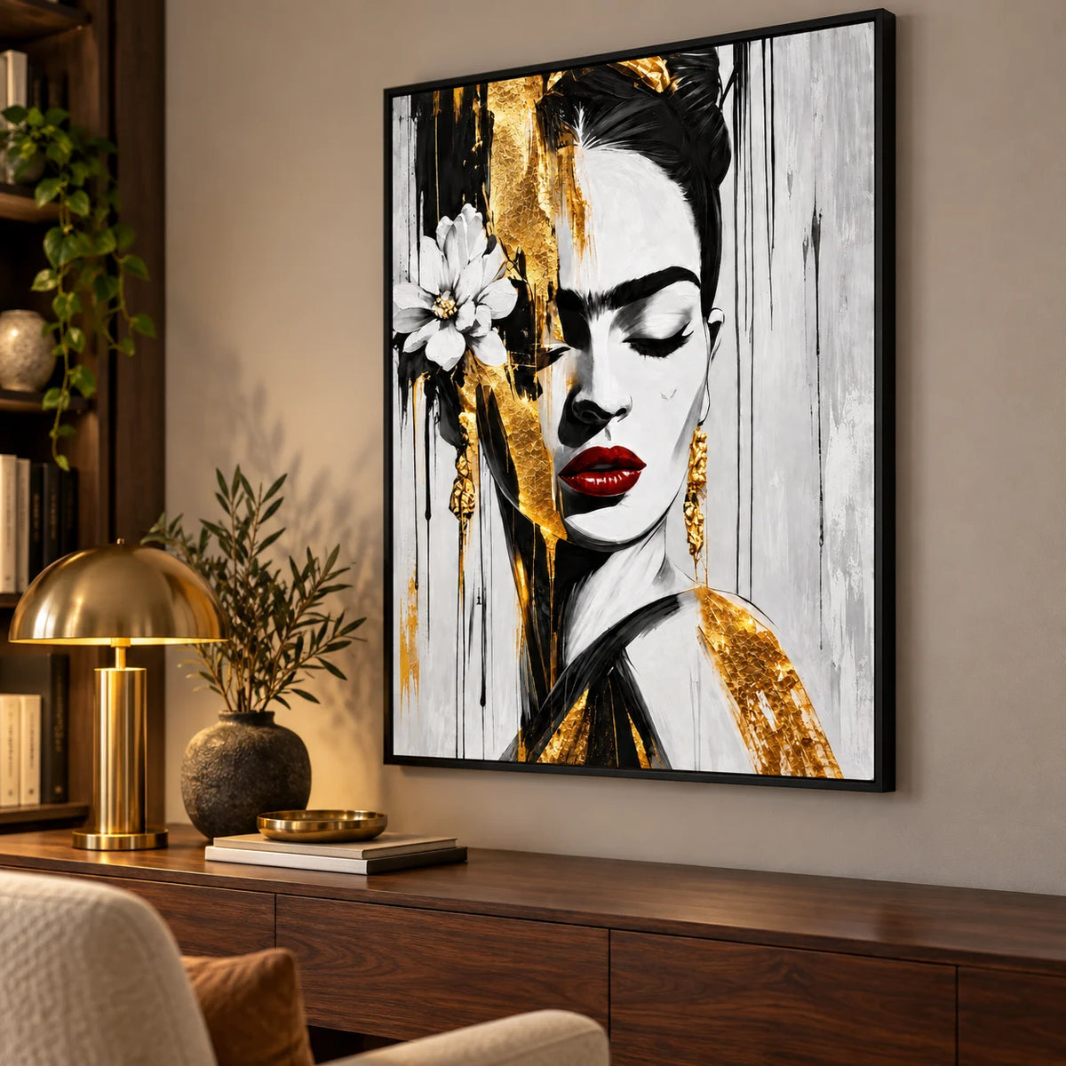 Portrait artistique de Frida Kahlo en noir et blanc avec une fleur blanche et des touches d’or