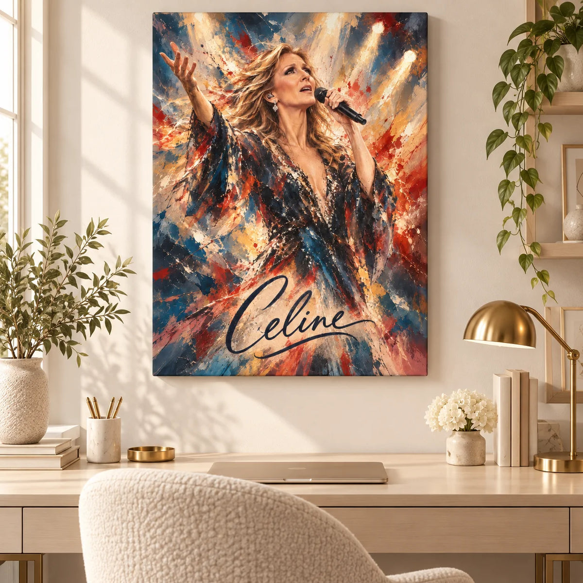 Portrait coloré de Céline Dion sur scène