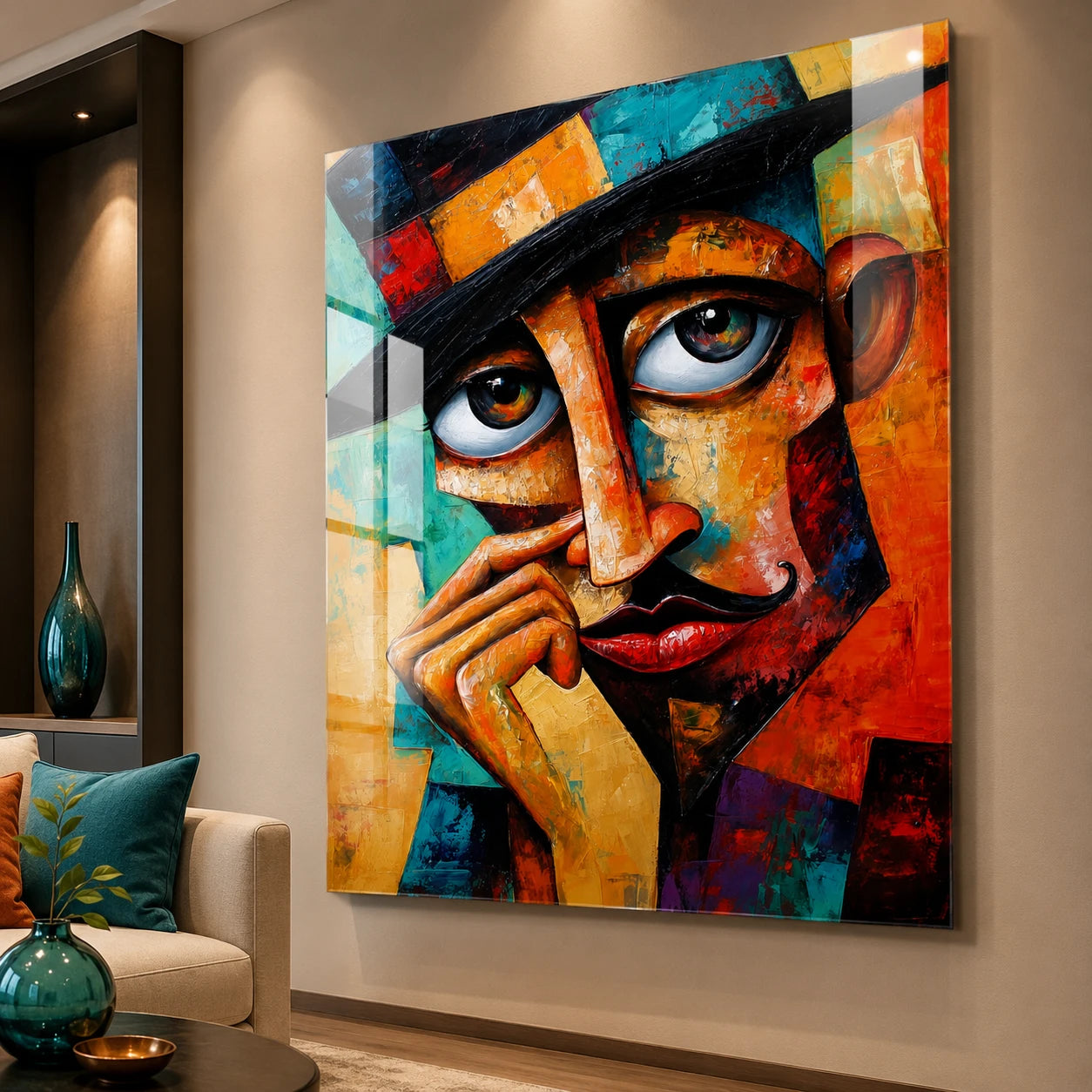 Portrait homme abstrait coloré sur toile tendue à châssis fin