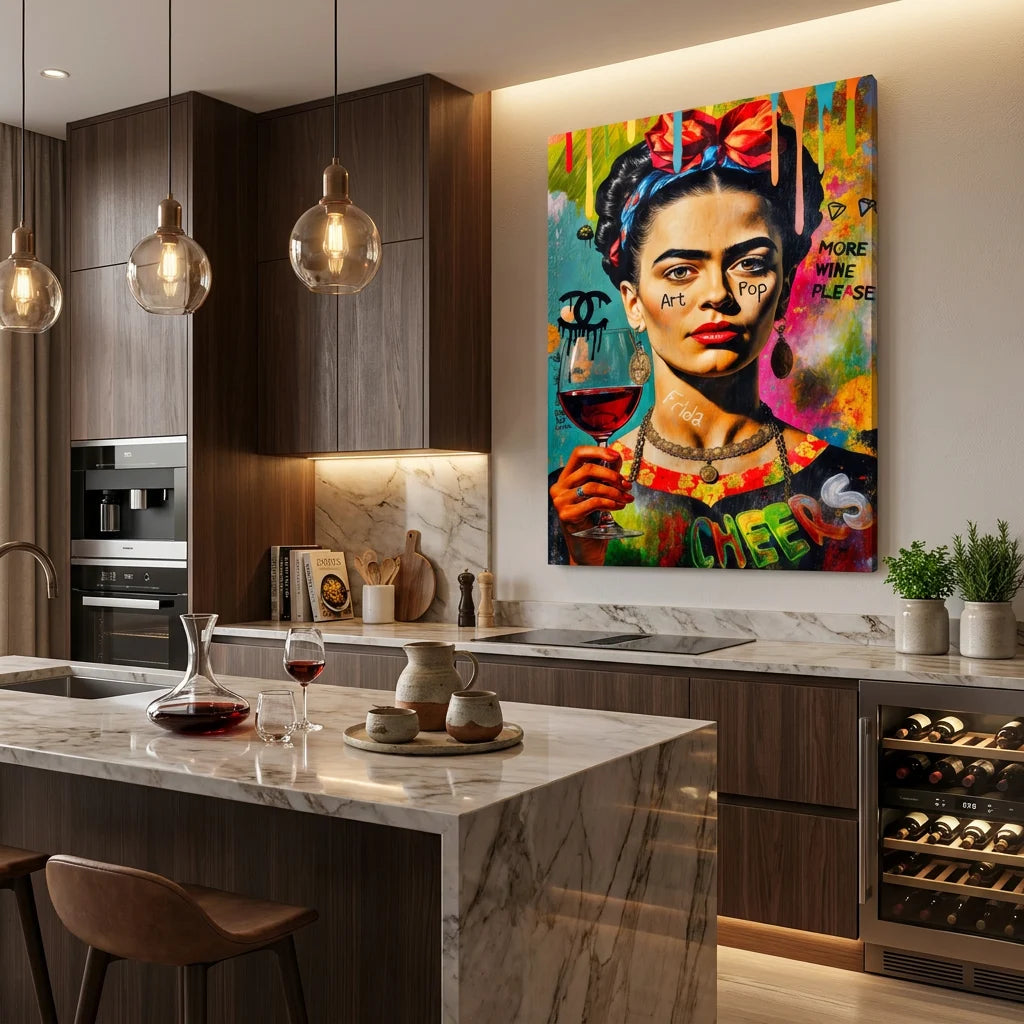 Portrait pop art de Frida Kahlo avec verre de vin dans un style street art graffiti coloré et moderne.
