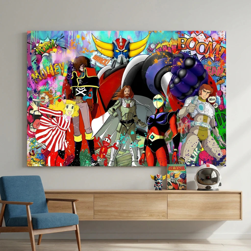 Tableau Goldorak et personnages cultes style street art coloré