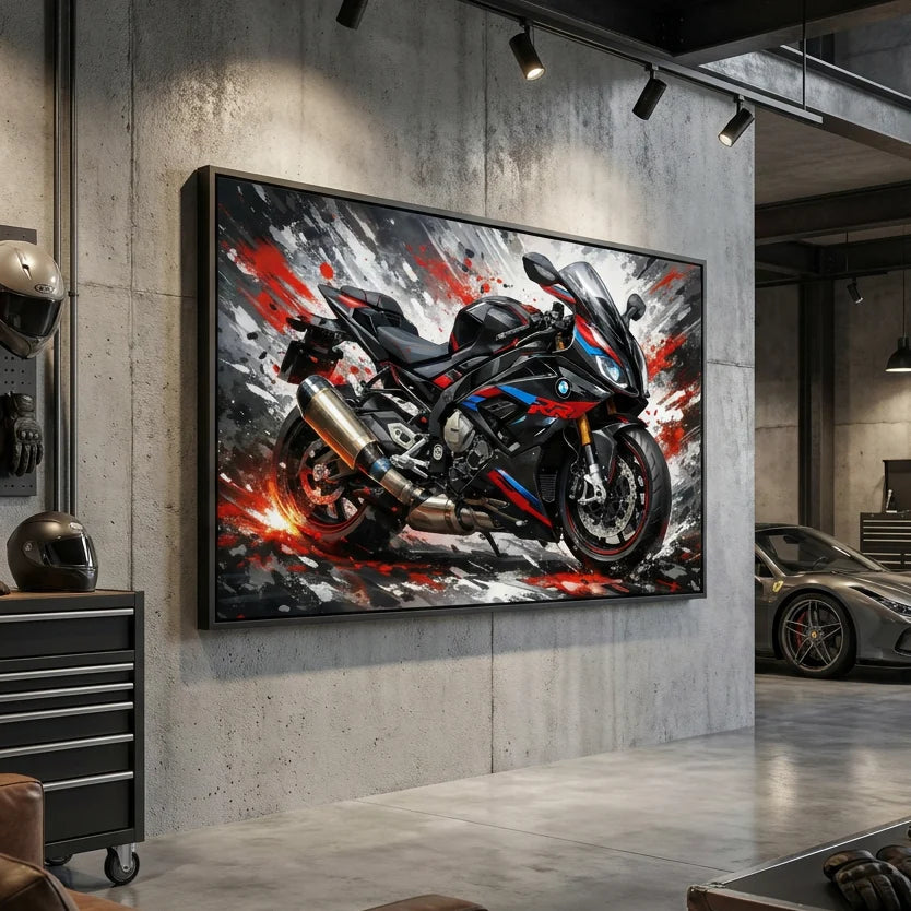 Tableau BMW S1000RR avec cadre flottant noir dans une décoration industrielle moderne.