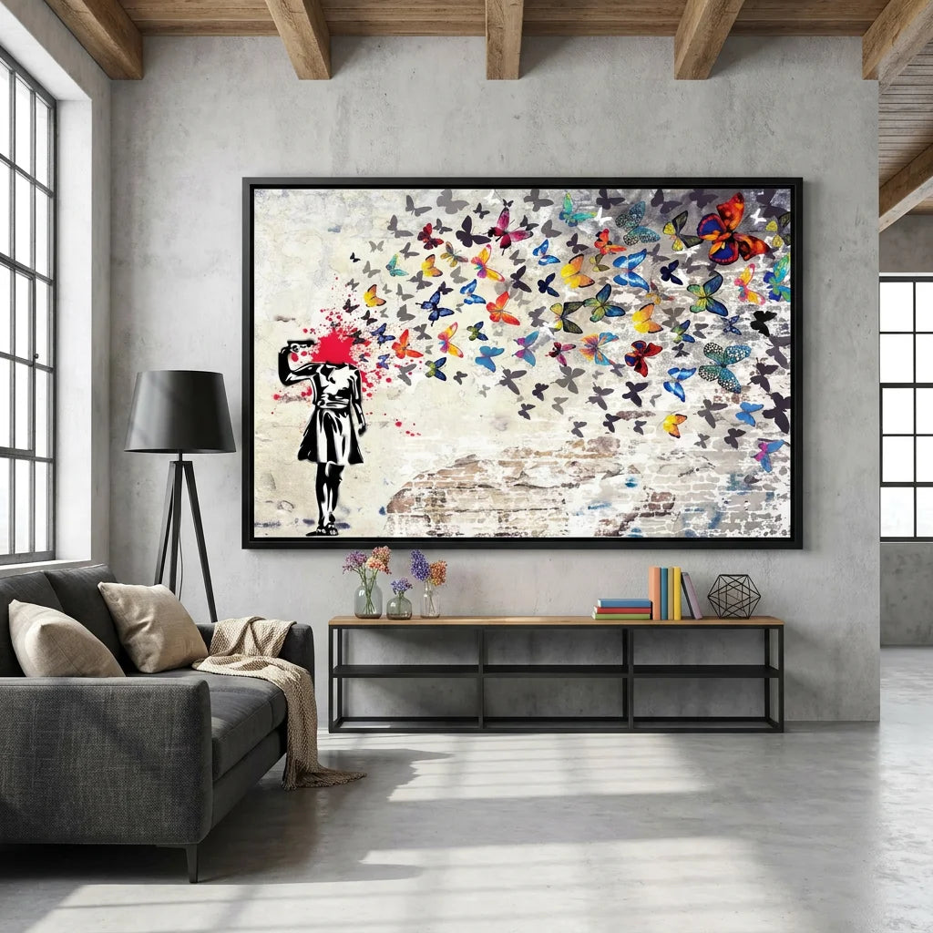 Tableau Banksy Butterfly avec papillons colorés