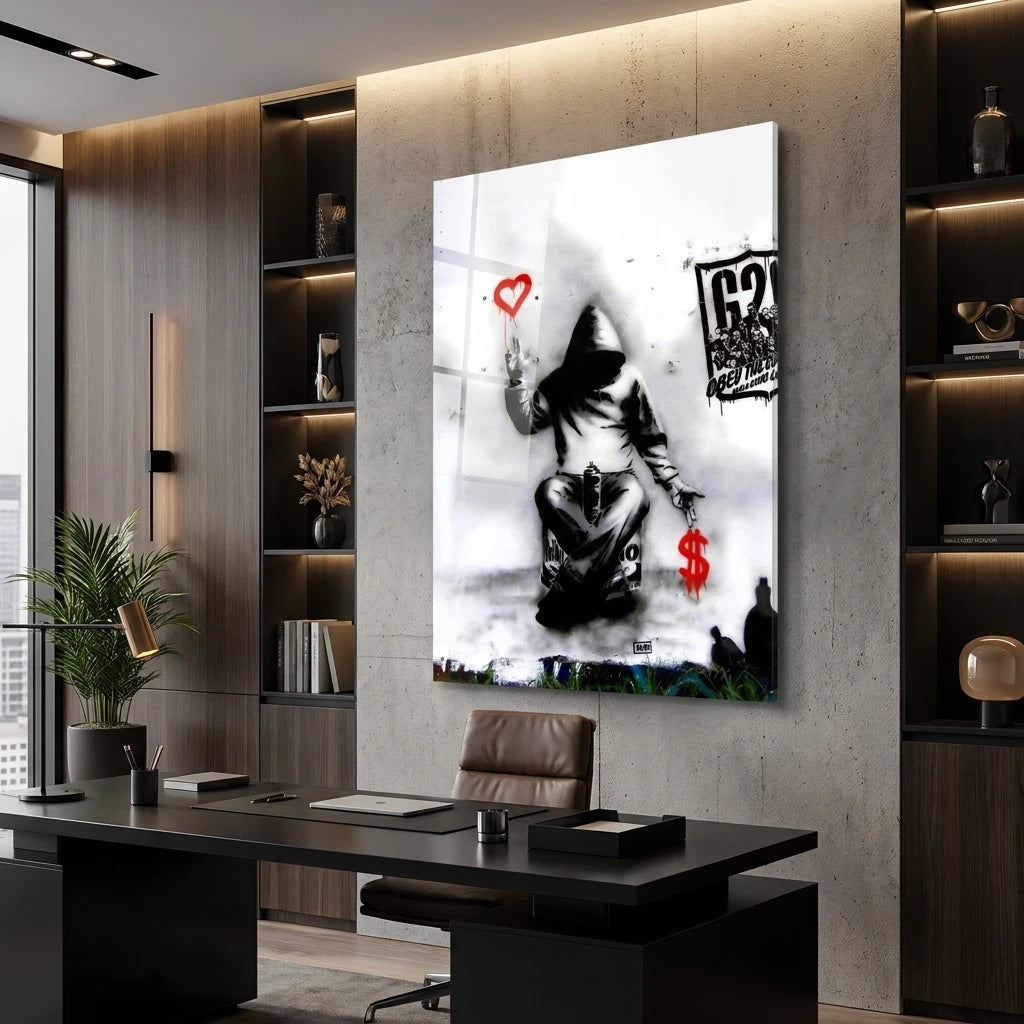 Tableau Banksy Love Over Money style street art moderne