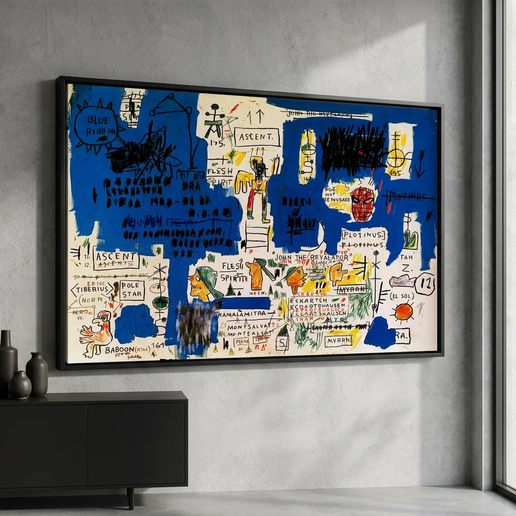 Tableau Basquiat Ascent avec fond bleu et symboles urbains