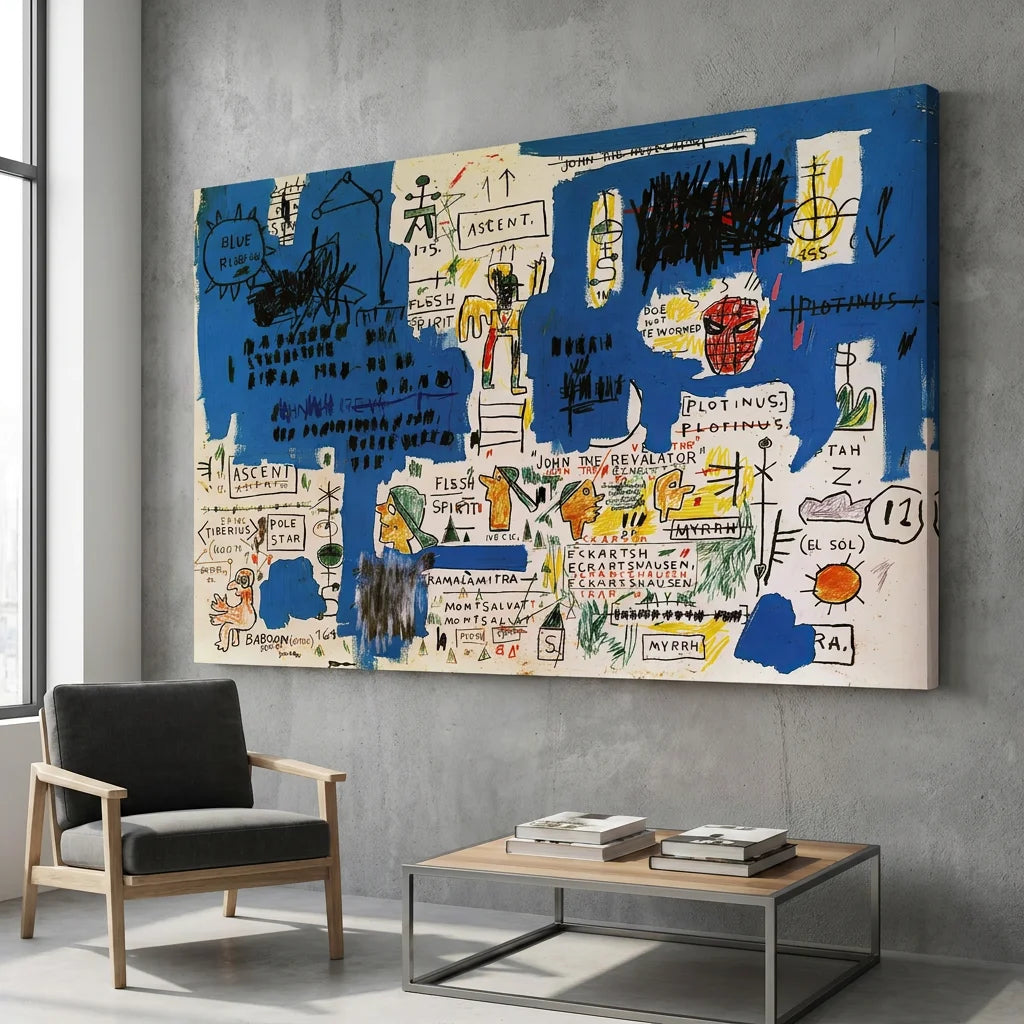 Tableau Basquiat Ascent style art brut bleu contemporain