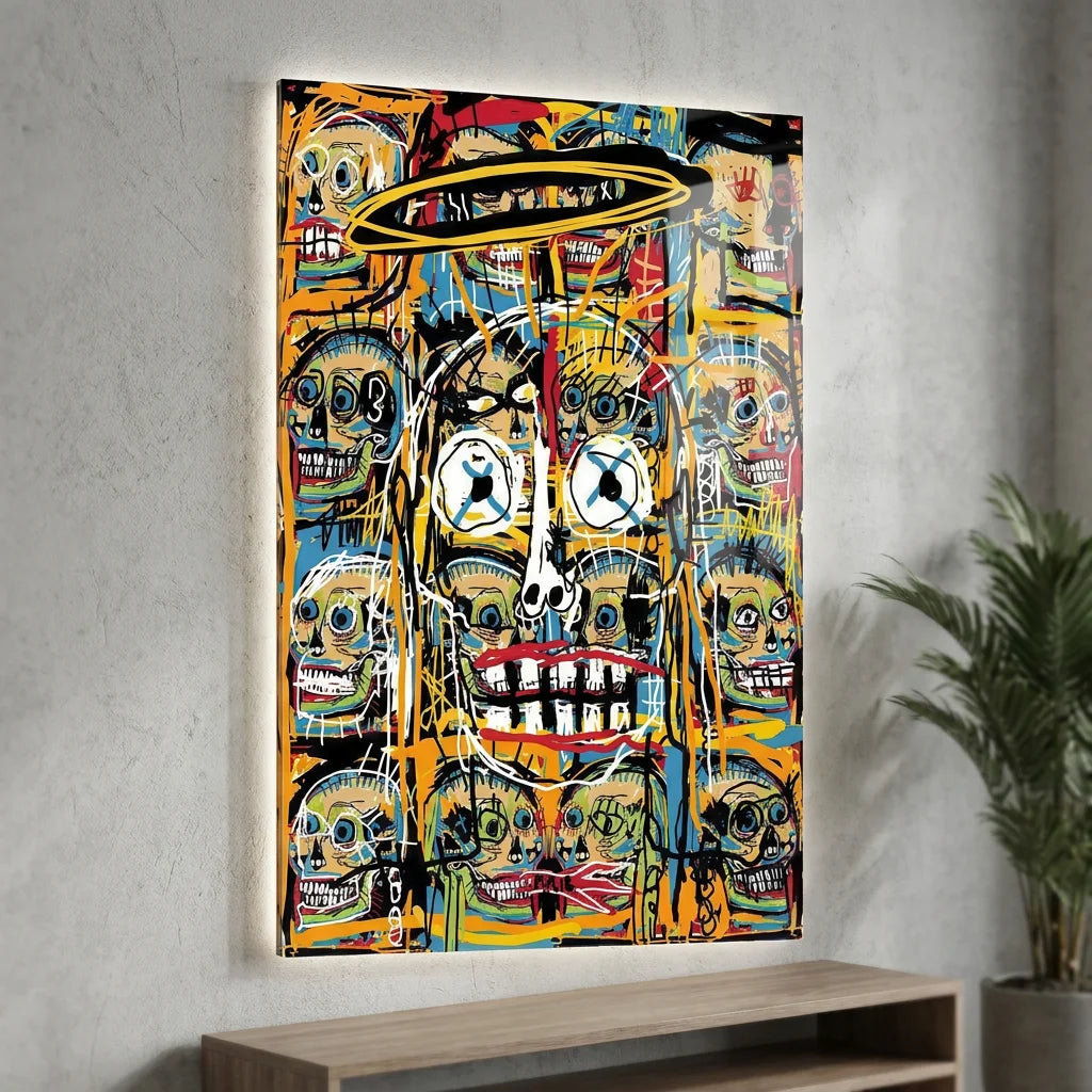 Tableau Basquiat Chaos des Crânes Célestes style art brut coloré