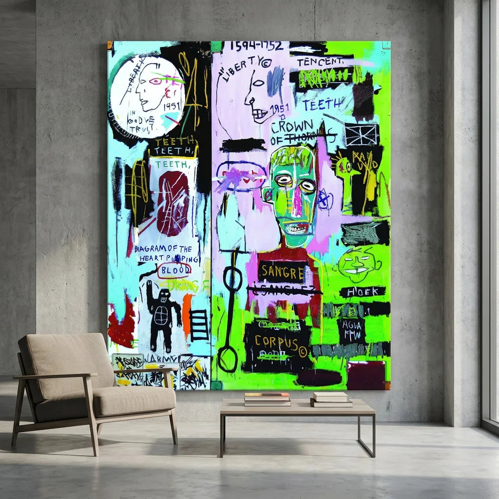 Tableau Basquiat In Italia avec textes et symboles urbains