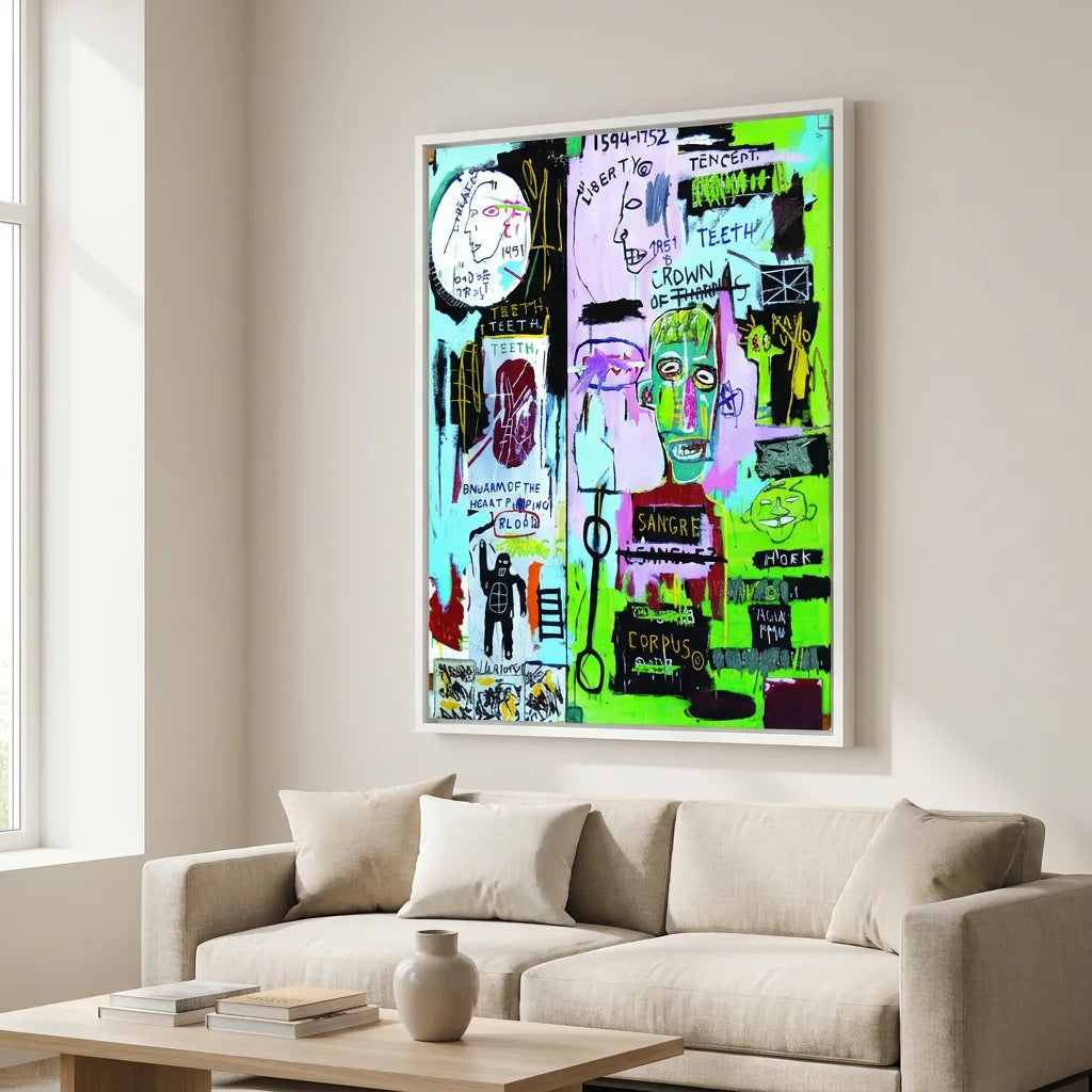 Tableau Basquiat In Italia avec visage vert et couleurs néon