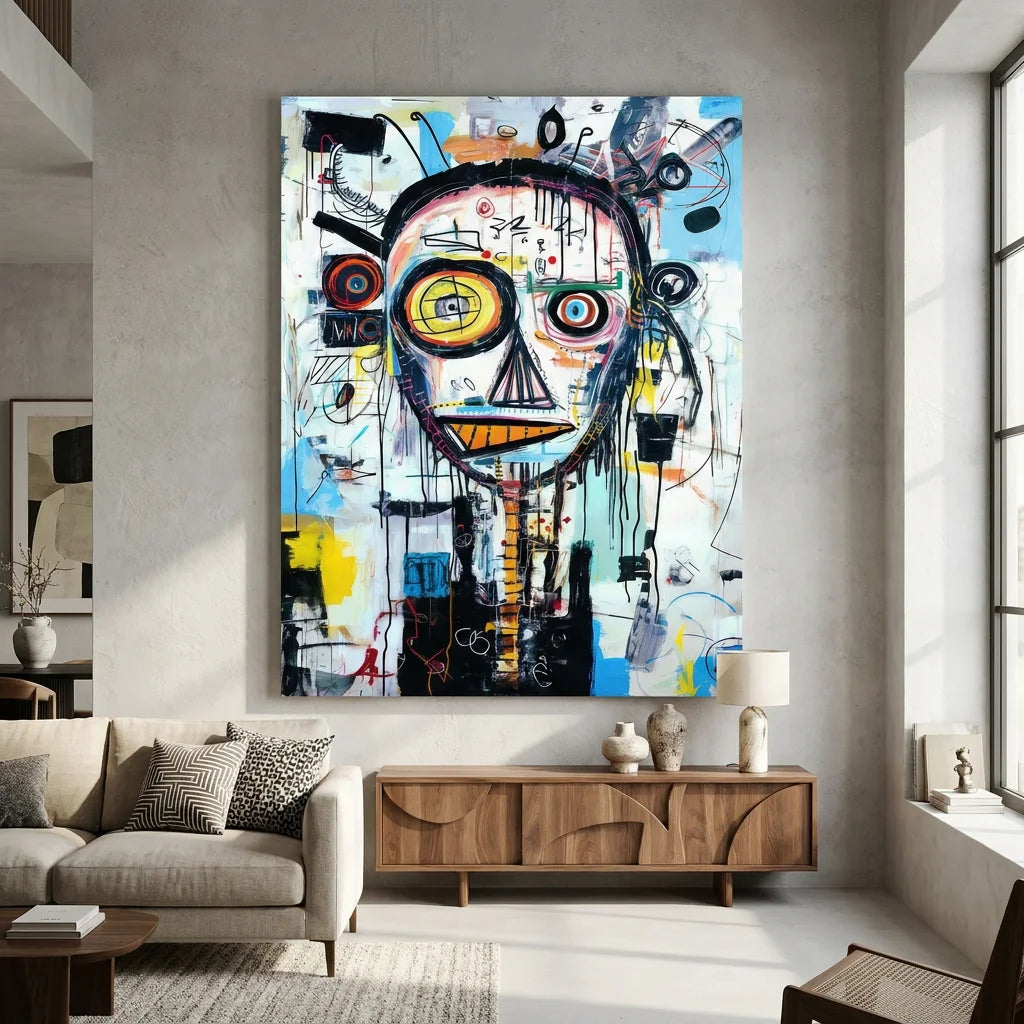 Tableau Basquiat L’Art de la Folie avec visage abstrait coloré