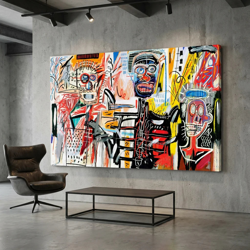 Tableau Basquiat Philistines 1982 style art brut coloré