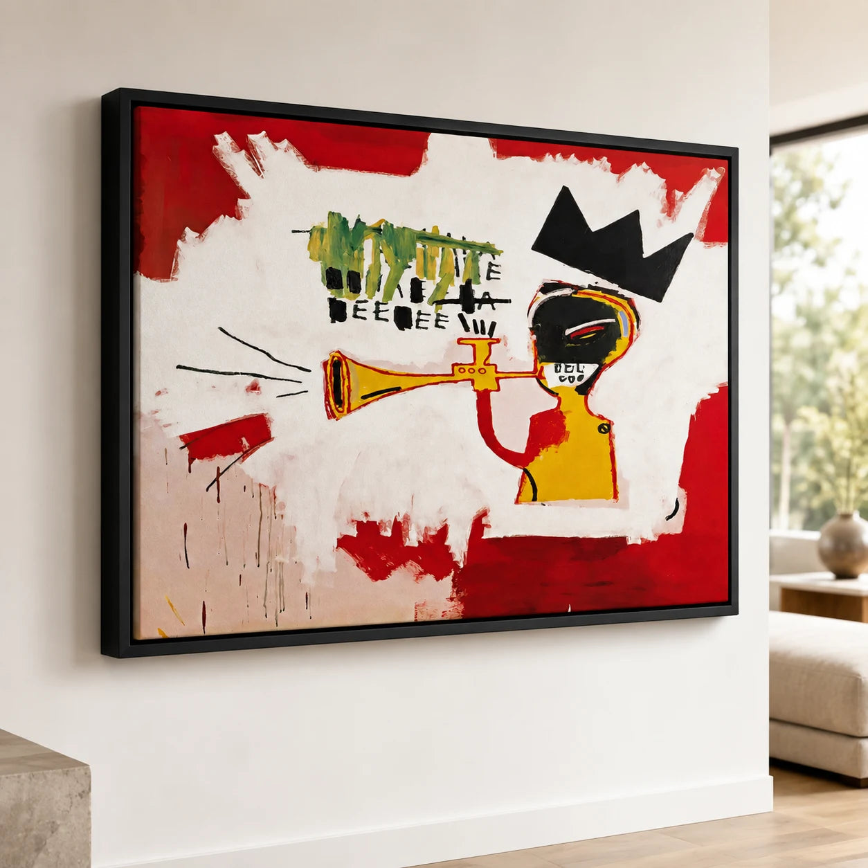 Tableau Basquiat Trumpet avec cadre flottant noir – art contemporain et jazz