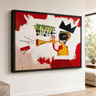 Tableau Basquiat Trumpet avec cadre flottant noir – art contemporain et jazz