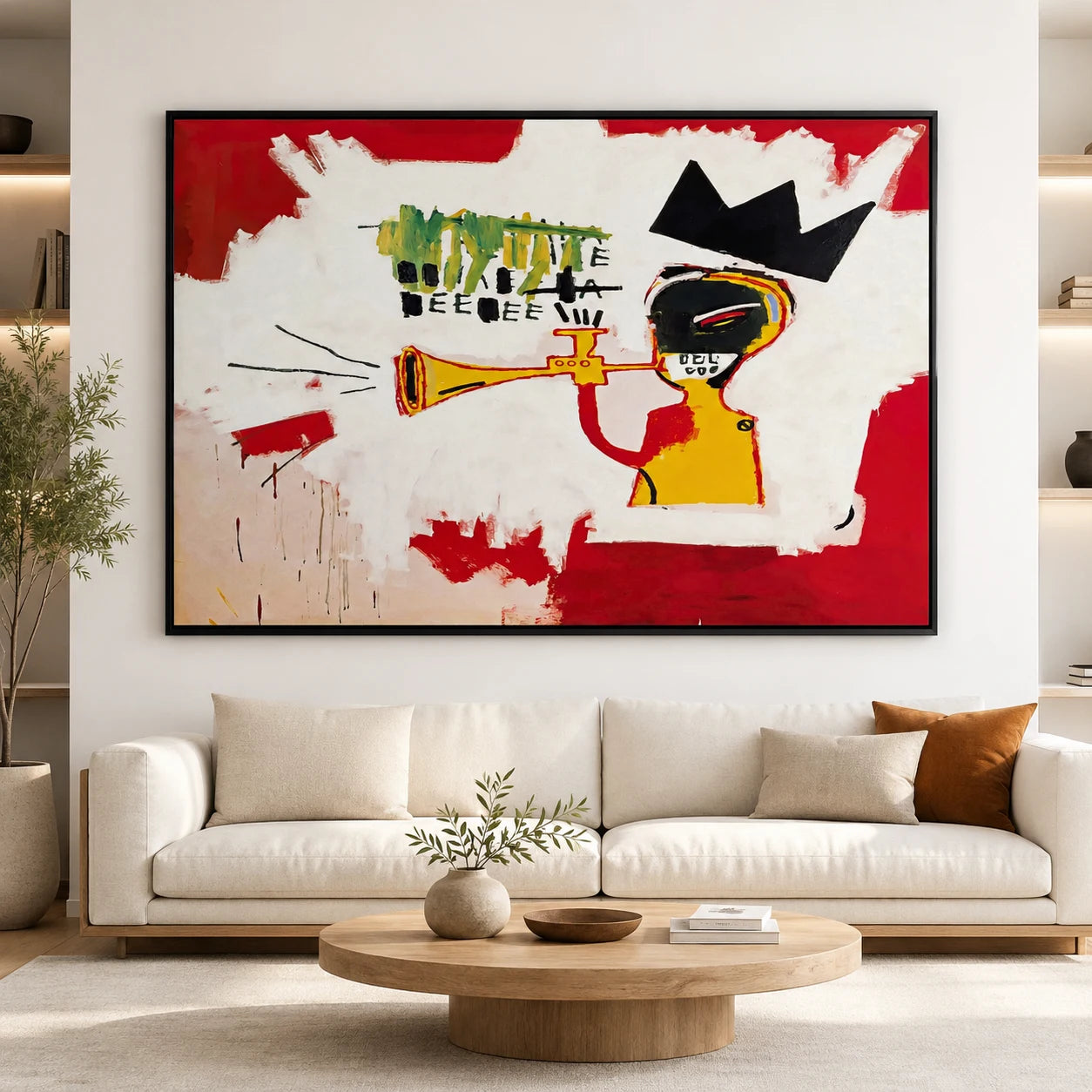 Tableau Basquiat Trumpet dans un salon moderne – décoration street art contemporaine
