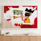 Tableau Basquiat Trumpet avec cadre flottant blanc – décoration murale néo-expressionniste