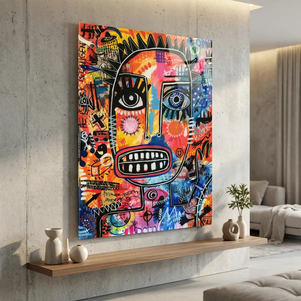 Tableau Basquiat Urban Mask style art brut coloré