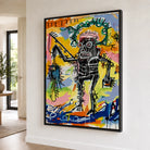 Tableau Basquiat Warrior avec cadre flottant noir – art urbain coloré