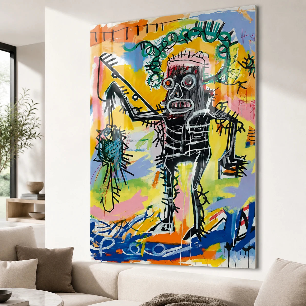 Tableau Basquiat Warrior en Plexiglas brillant – œuvre urbaine aux couleurs vives