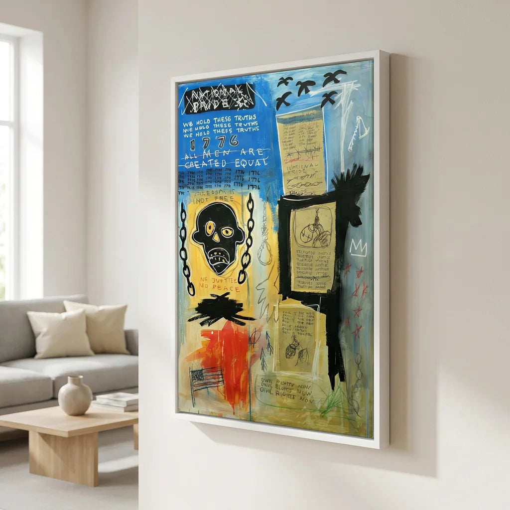 Tableau Basquiat avec chaînes et textes manuscrits
