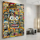 Tableau Basquiat avec crânes répétés et traits noirs expressifs