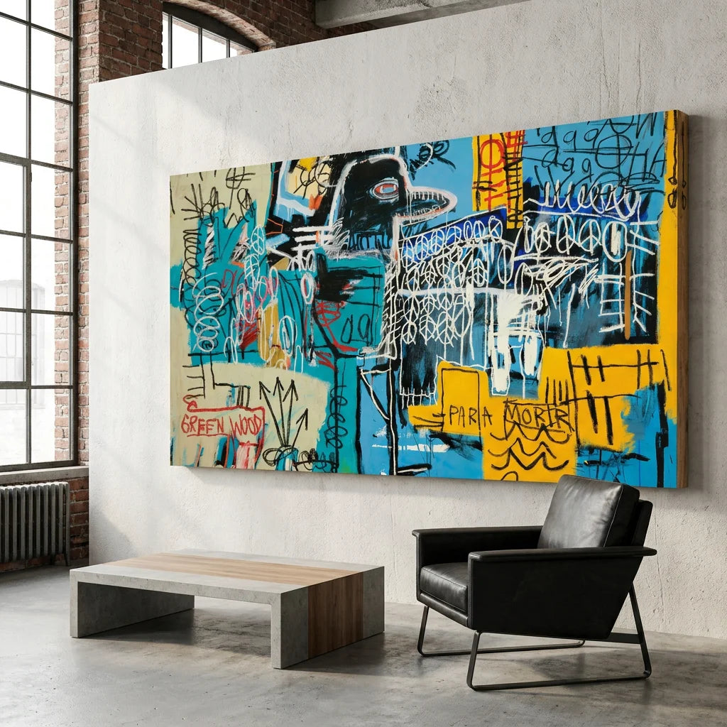 Tableau Basquiat avec écritures blanches et touches jaunes