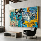 Tableau Basquiat avec écritures blanches et touches jaunes