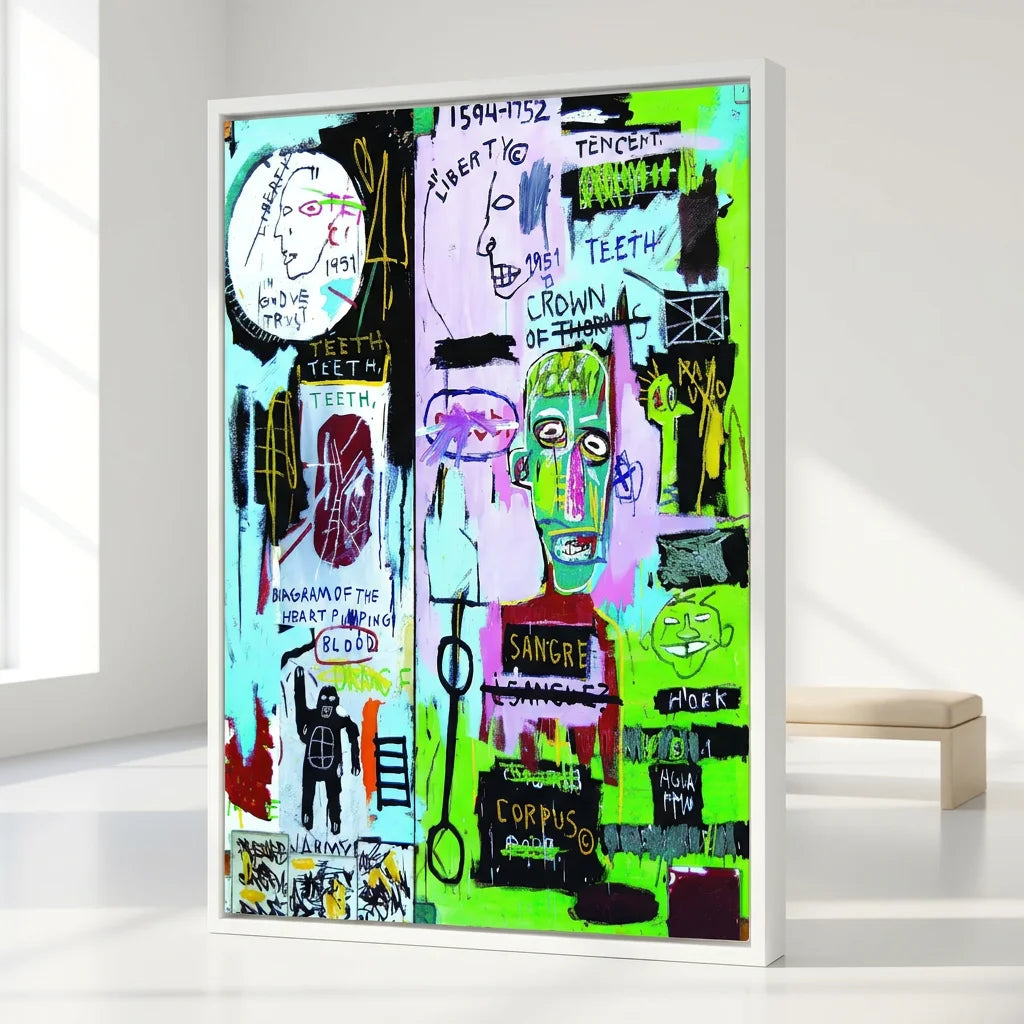 Tableau Basquiat avec écritures graphiques et fond vert fluo