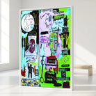 Tableau Basquiat avec écritures graphiques et fond vert fluo