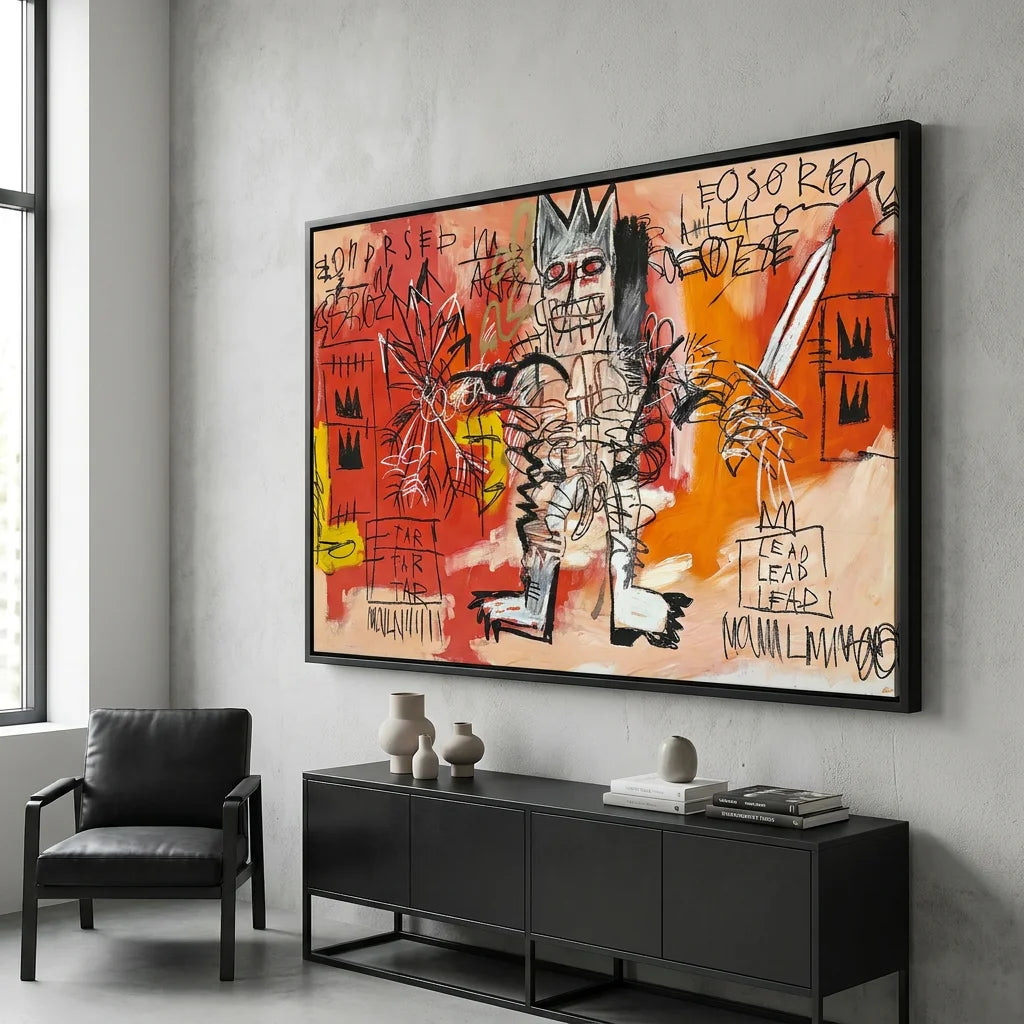 Tableau Basquiat avec figure de guerrier sur fond rouge orangé